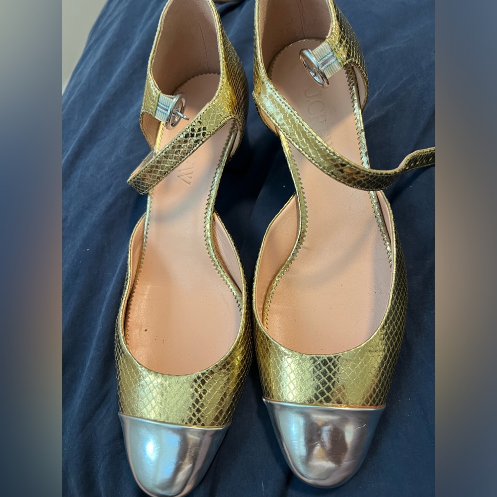 J.Crew size 9 gold snake metallic and silver metallic block heel